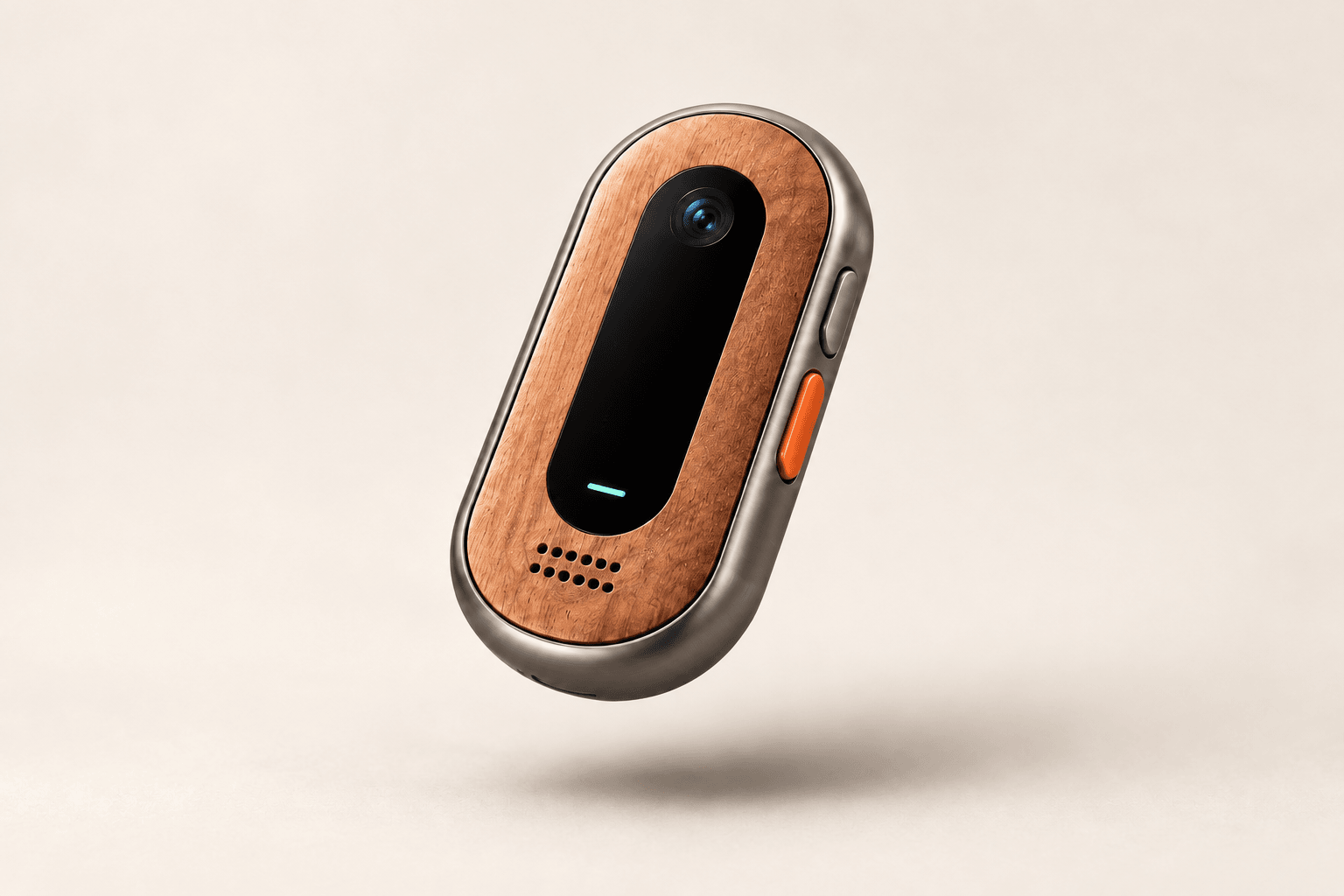 Upcoming Oak1 by Careflick personal AI, with warm wood, curved metal, camera and orange side button