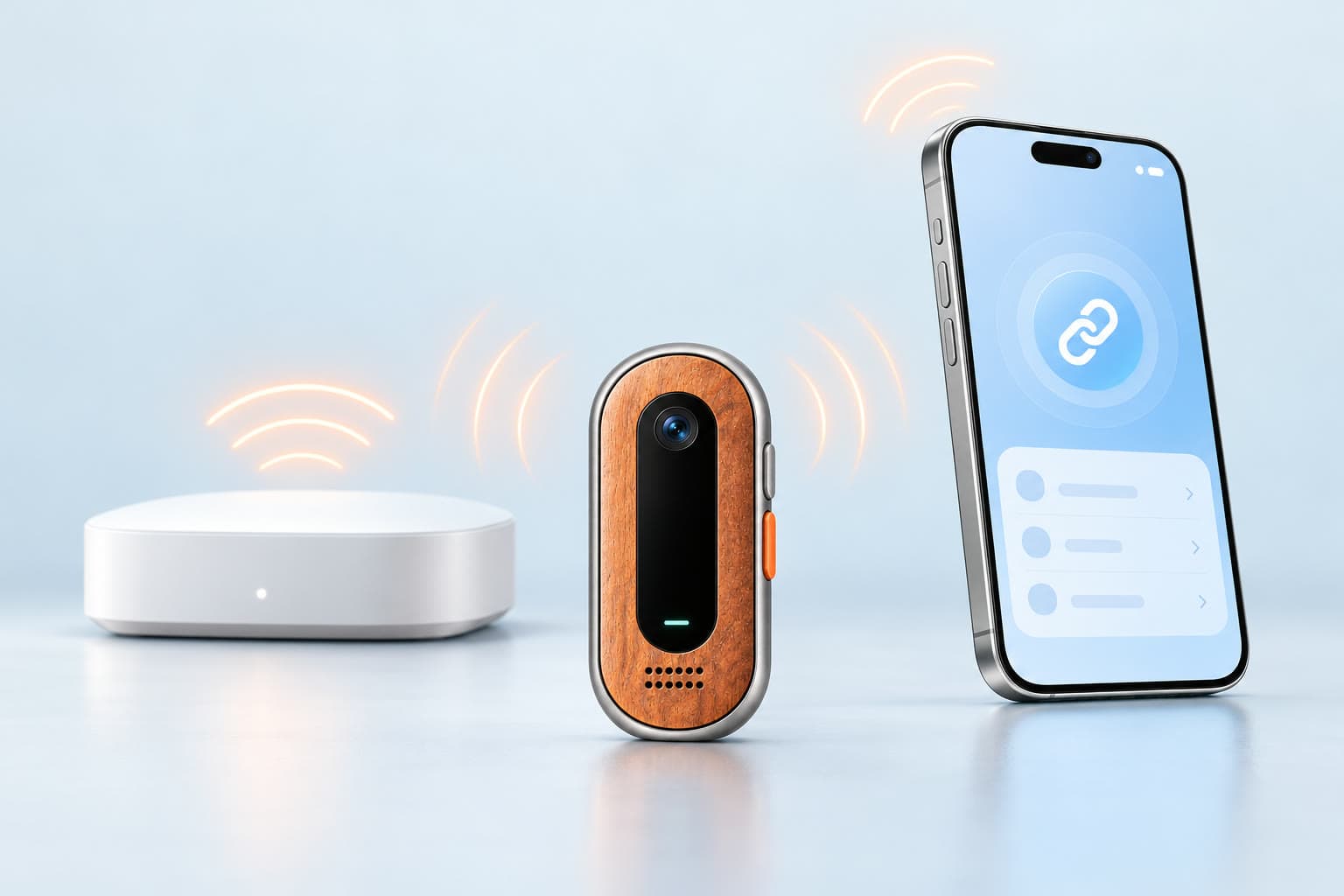 Oak1 standing between a home Wi-Fi router and a phone, with signal arcs rising from all three